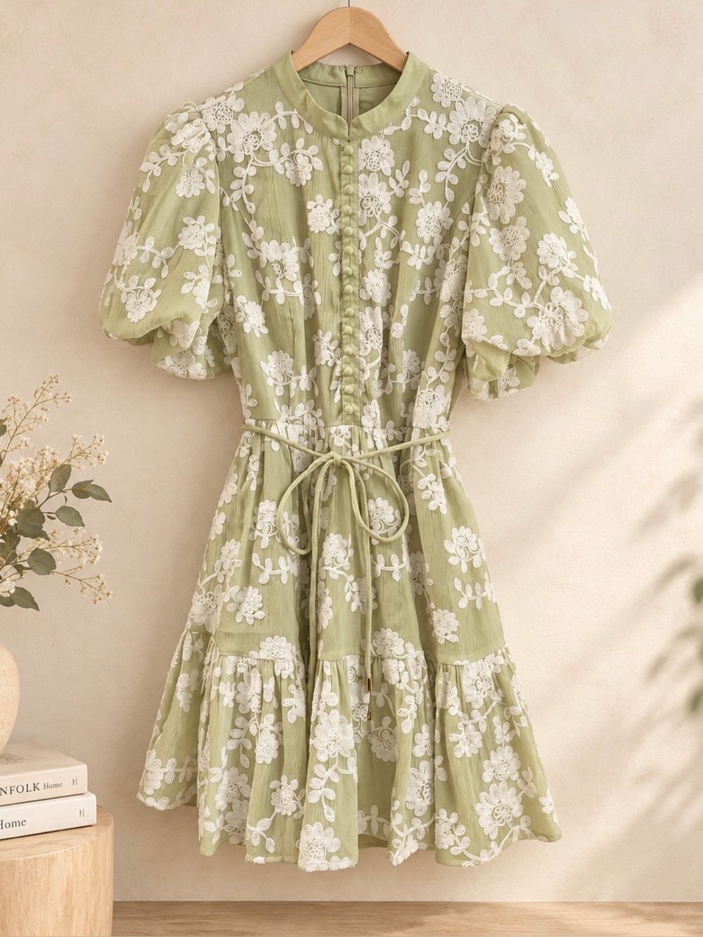 NWT Ina Sage Lace Floral Embroidered Puff-Sleeve Dress